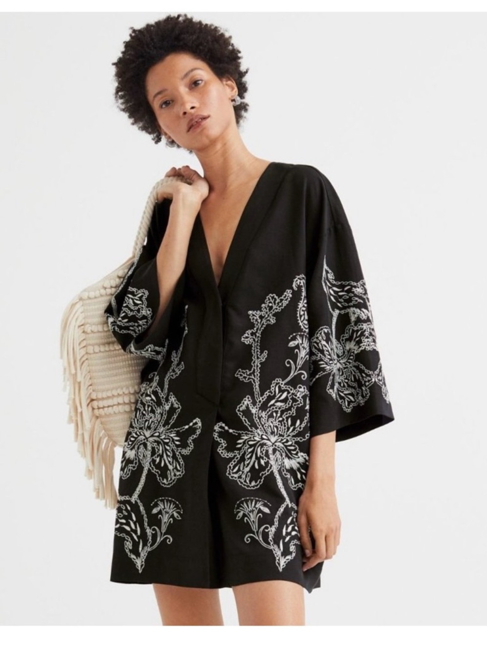 H&M Black Kimono Romper with White Floral Embroidery
